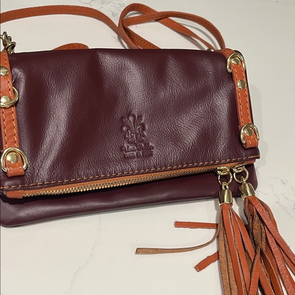 Vera Pelle Leather Crossbody Bag in Burgundy and Tan - Picture 1 of 9